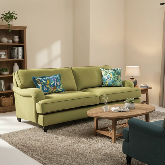 Living room shot of the sofa, focusing on the depth of the 100cm frame and plush back cushions.