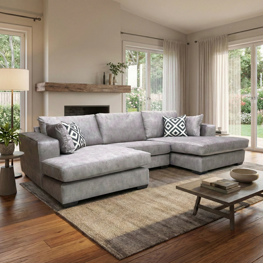 Living Room view of the 'Larry' sofa, highlighting the deep 160cm chaise ends and formal back design.