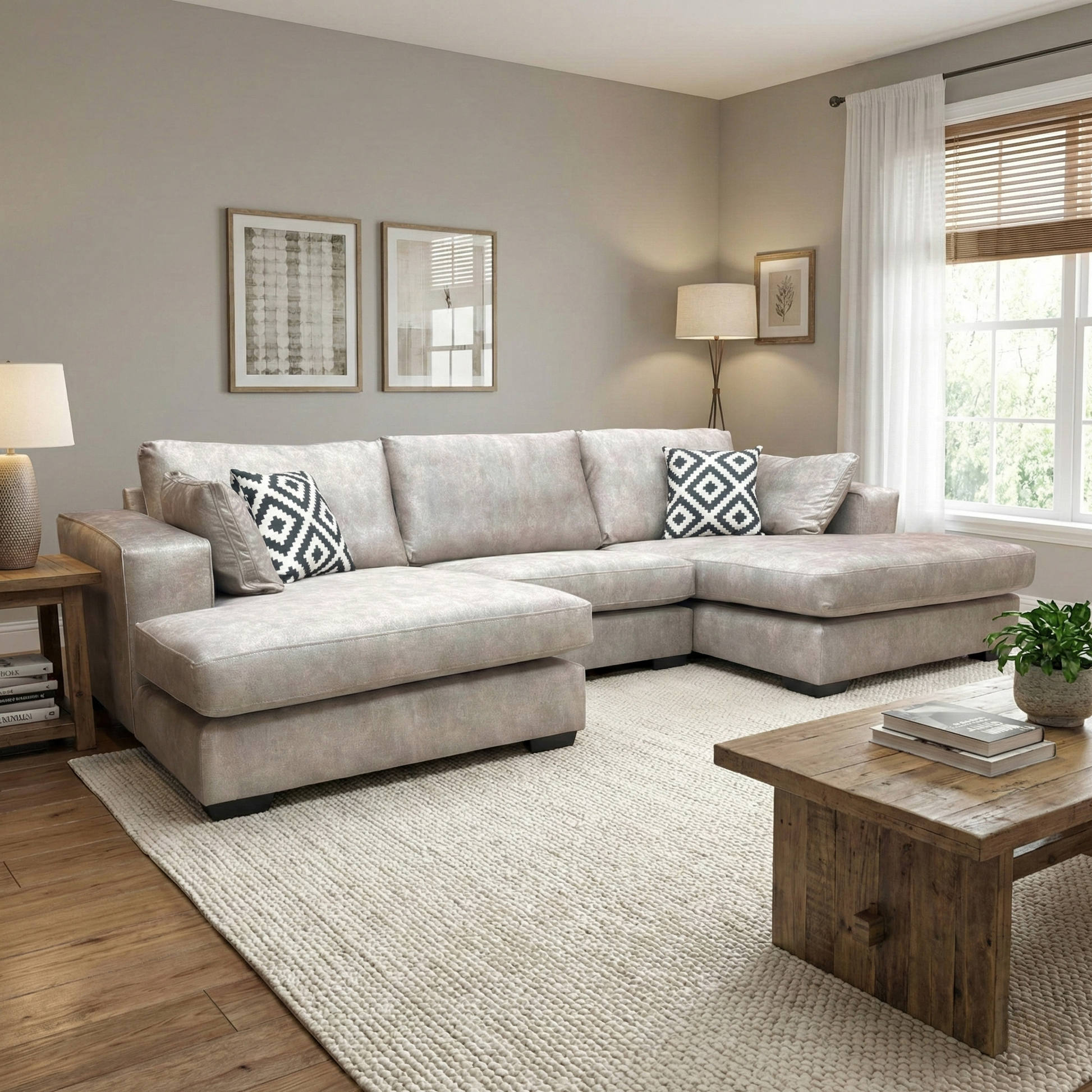 Living Room Shot showing the depth of the 160cm chaise end and the clean, modern lines of the sofa frame.
