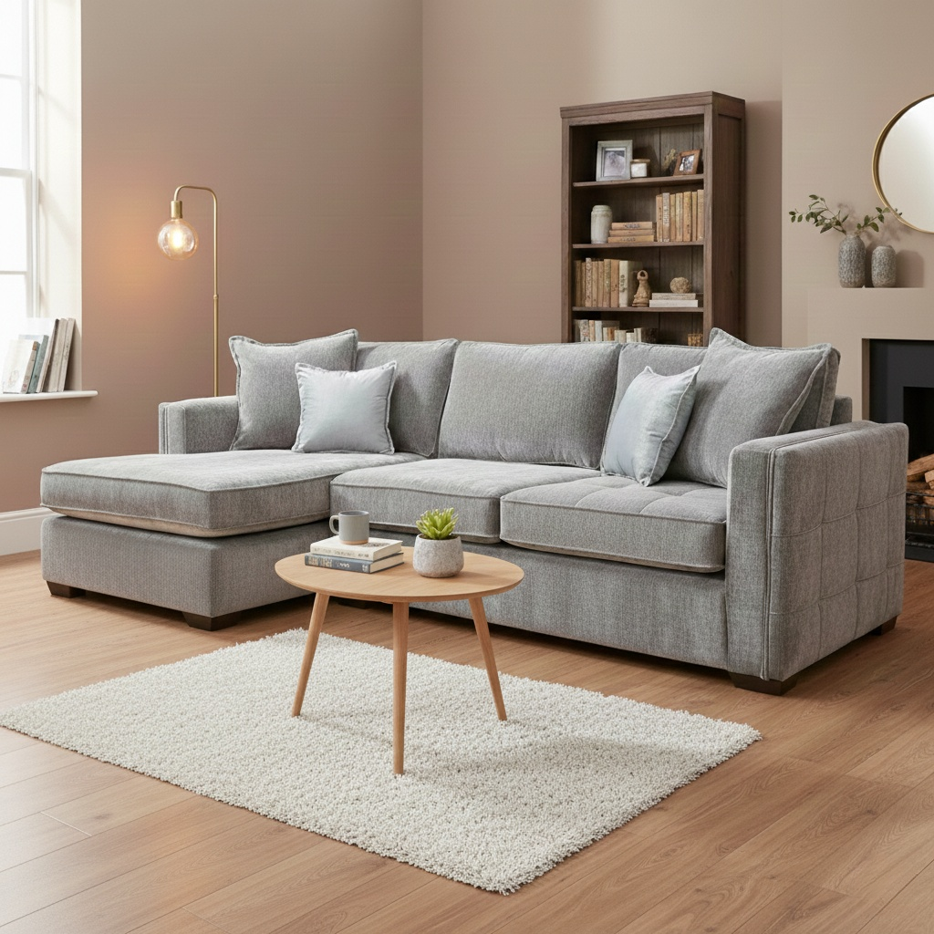 Living room of view of the 'Chelsea' sofa, highlighting its sleek profile and contemporary wood legs.