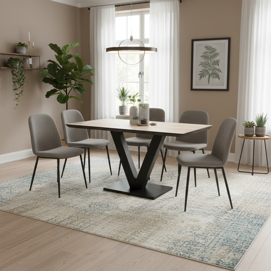 Living room of the dining table, highlighting its compact 135cm length and contemporary style.