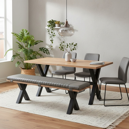 Living room of grey faux leather bench pad, showing the stitching and secure fit on the oak base.