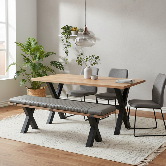 Living room of grey faux leather bench pad, showing the stitching and secure fit on the oak base.