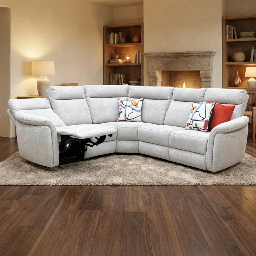 Living Room of the Dublin corner sofa in a modern living room, highlighting its premium fabric and grey tones.