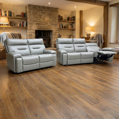 Living Room View of the 3-seater sofa with headrests elevated and seats reclined, showcasing the power functionality.