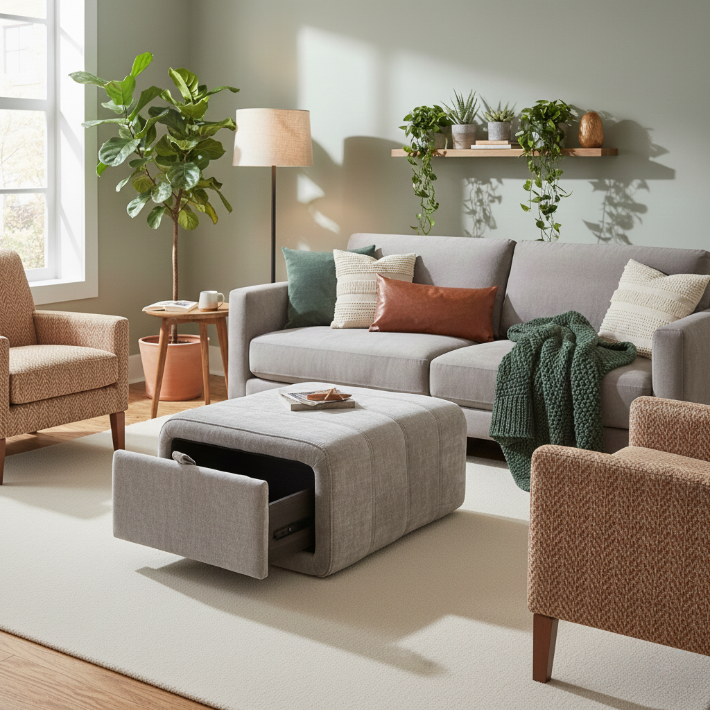 Living room of the footstool, highlighting the fabric texture and stitching details.