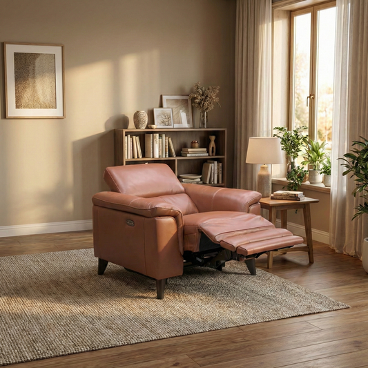 Living View Perspective view of the chair fully reclined, demonstrating the space-saving wall-away mechanism and extended footrest.