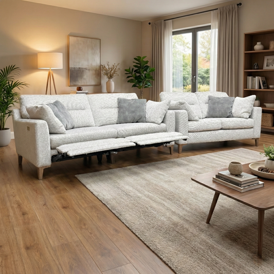 Living room of Modern living room setting featuring the steel grey Uniqa Domasso 3+2 power recliner sofa set.