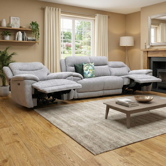 'Touch' Fab-Meo-R27 Pewter Heavy Duty Fabric Power Recliner Sofa with USB Ports + Power Recliner Armchair