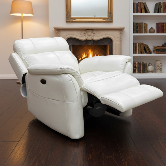Living Room shot showing the armchair with the power footrest fully extended for maximum comfort.