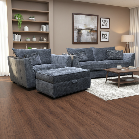 'Allure' Coco Indigo Woven Fabric 3 Seater Cushion Back Sofa with Snuggler and Storage Footstool