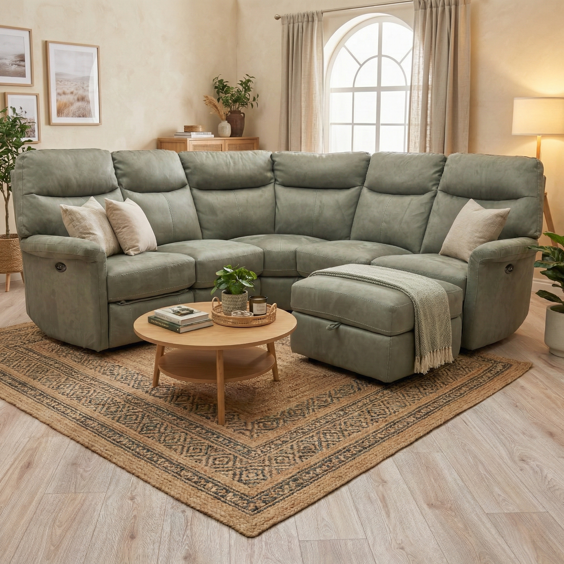 Living room of shot showing the sofa with the power recliner section partially extended for comfort.