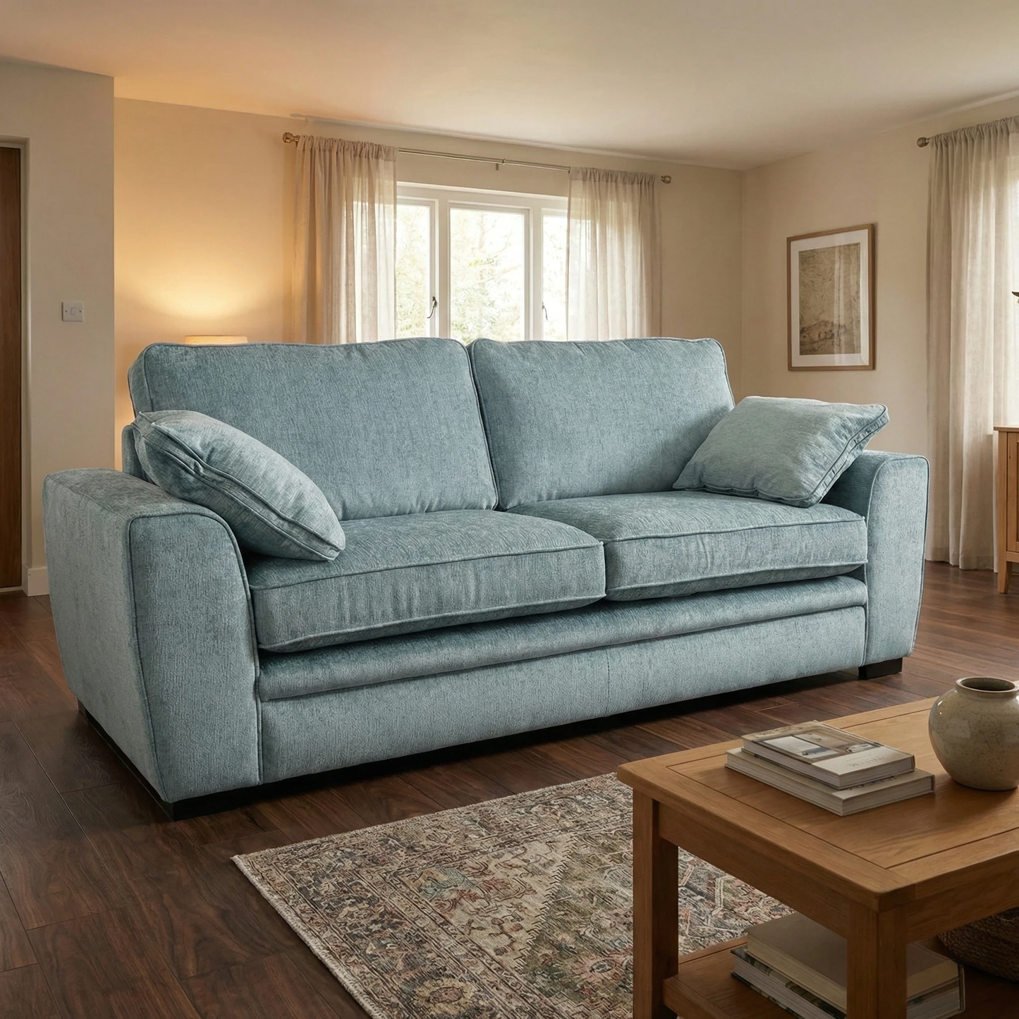 Living Room view of the Eau De Nil fabric sofa, highlighting the modern sloped arm design.
