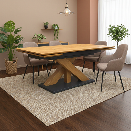 Living Room of the 'Aydin' dining table, highlighting the stunning oak veneer top and industrial black metal base.