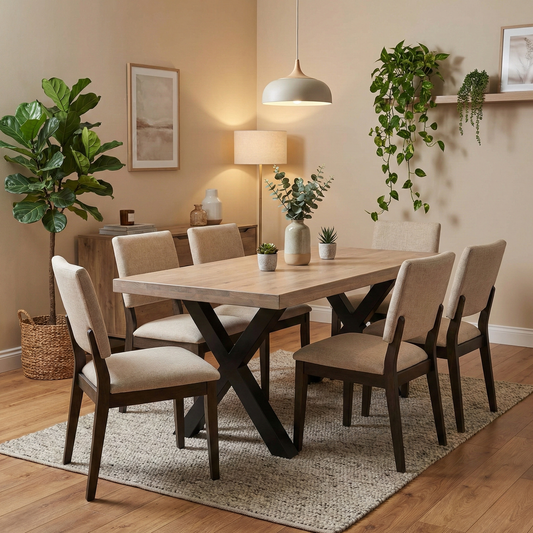 Living room of the vintage grey solid oak tabletop on the Bodahl Terra table highlighting natural wood knots and texture.