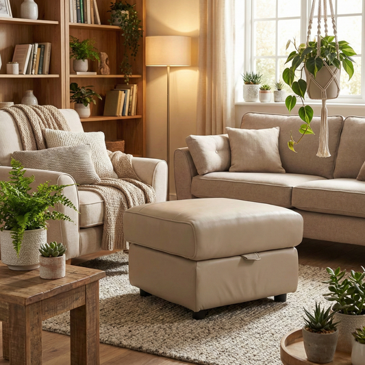 Living room of the Barley leather footstool, highlighting the premium leather texture and its versatile use as a seat or end table.