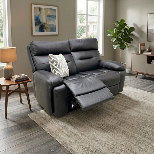 ‘Cinemax’ La4820 Natural Black Mica Leather 2 Seater Power Recliner Sofa with Power Headrests and Media Arms