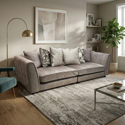 'Mariah' Dapple Velvet Chocolate-Tri Brass Insert Velvet Pillow Back 4 Seater Split Frame Sofa