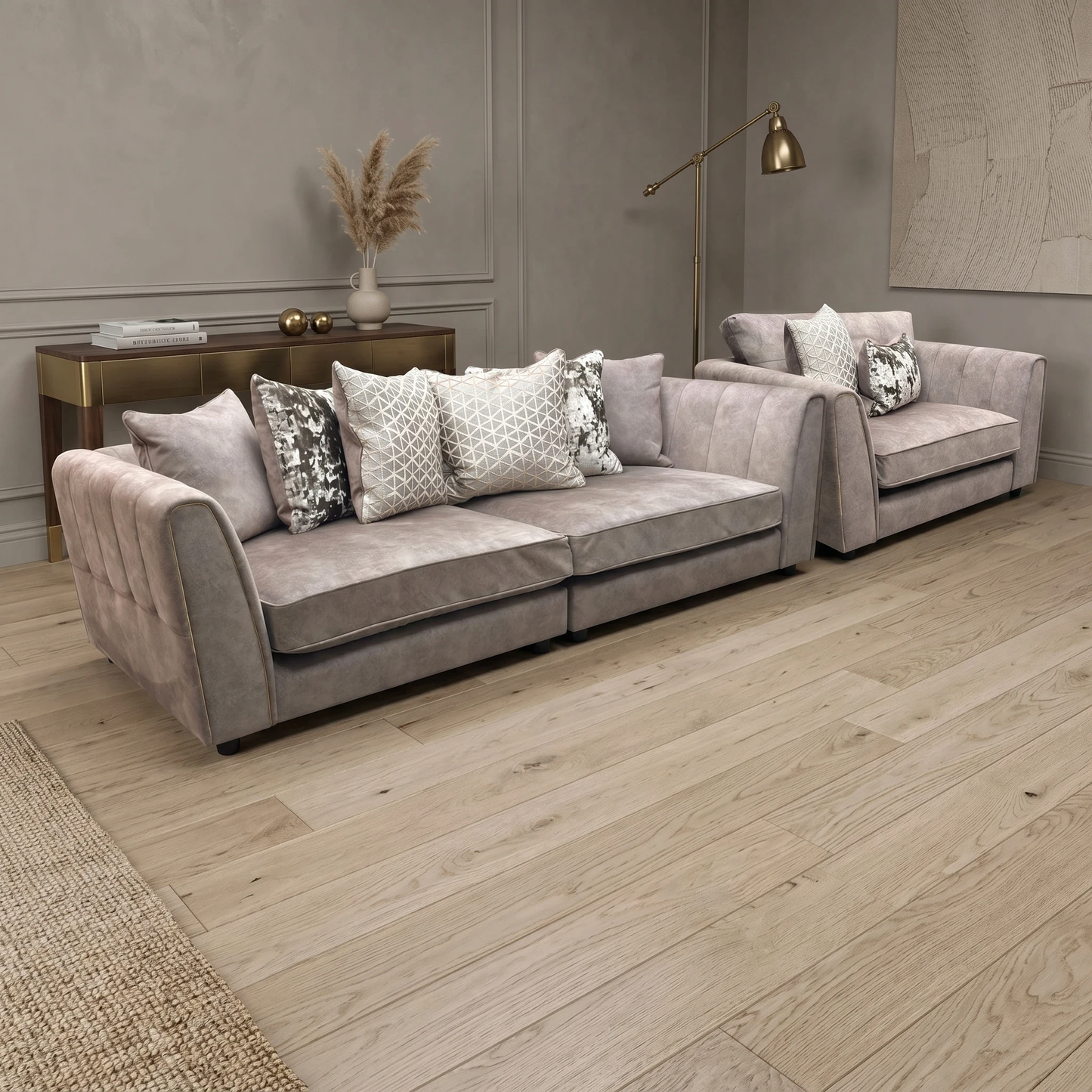 'Mariah' Dapple Velvet Chocolate-Tri Brass Insert Velvet Set: 4 Seater Split Frame Pillow Back Sofa + Snuggler
