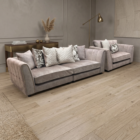 'Mariah' Dapple Velvet Chocolate-Tri Brass Insert Velvet Set: 4 Seater Split Frame Pillow Back Sofa + Snuggler