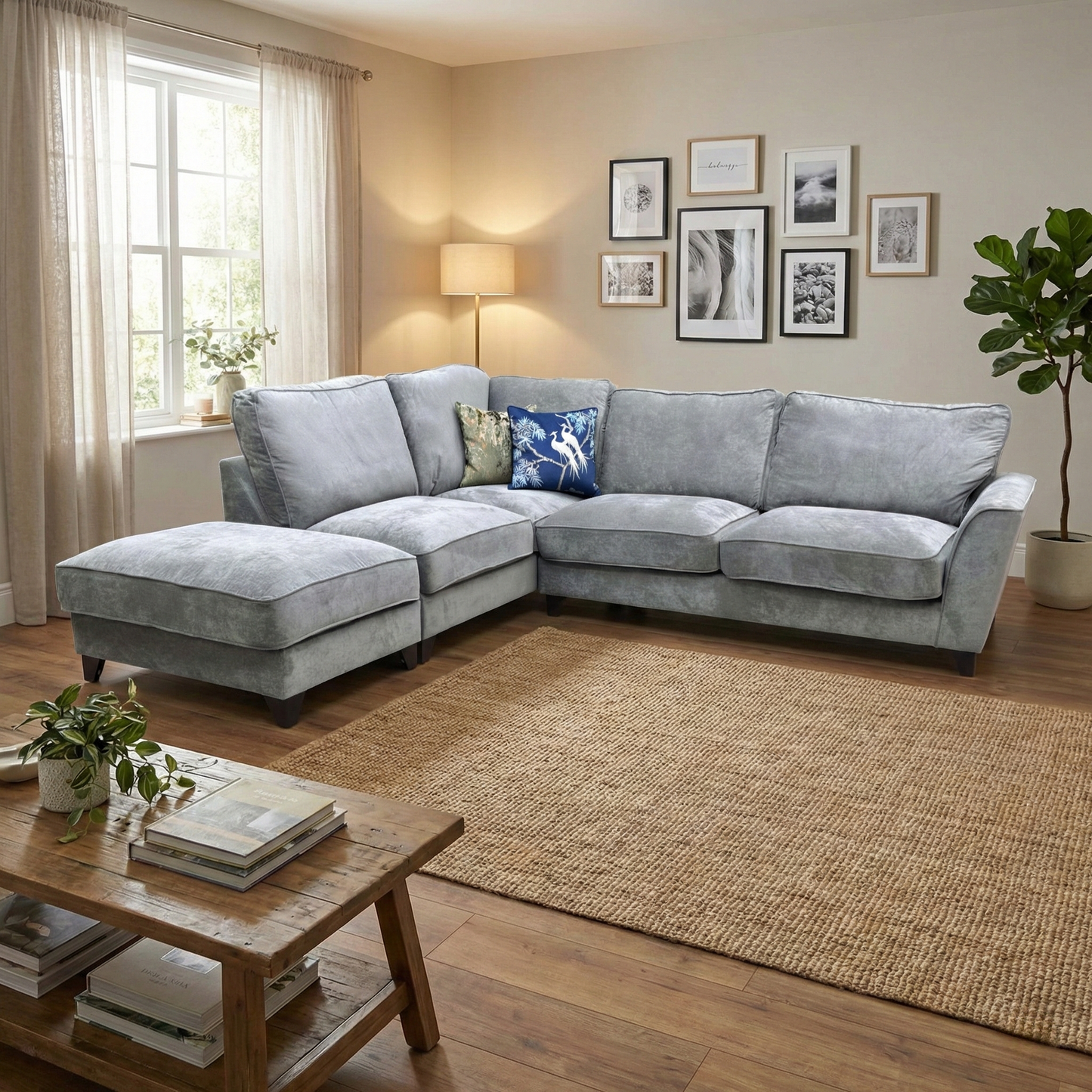 Living room of  the left-hand facing corner sofa, showcasing the large chaise end and premium Kingston Grey upholstery.
