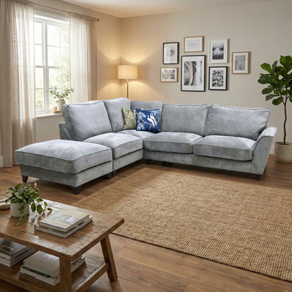 Living room of  the left-hand facing corner sofa, showcasing the large chaise end and premium Kingston Grey upholstery.