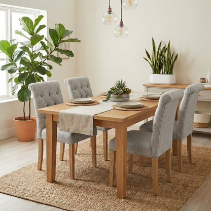 ‘Lewis’ Mist Grey Fabric Button Back Roll Back Dining Chairs