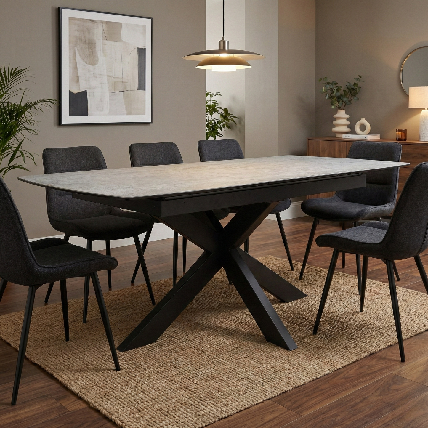 ‘Raul’ Matte Silver Ceramic Top 130cm Pop Up Extending Dining Table