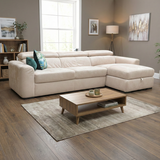 World of Leather ‘Infinity’ BFA-BLJ-R20 Bisque Cream Suede Corner Chaise Sofa with Storage