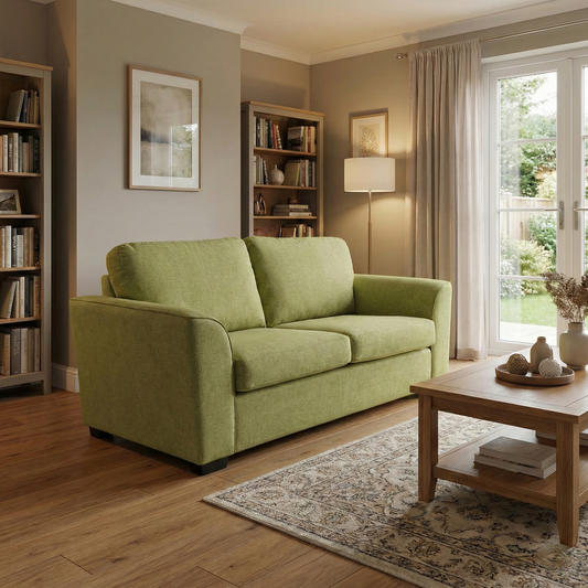 living room shot of the ‘Stamford’ lime green sofa, showcasing its striking color and modern silhouette.
