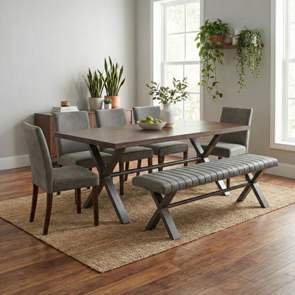 Living room of the 'Moon' 180cm faux leather bench, highlighting the contemporary industrial design.