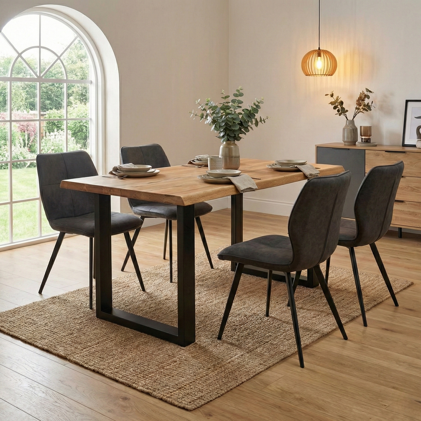 Living room of the table, showcasing the handcrafted rustic oak grain and the industrial design of the U-shaped base.