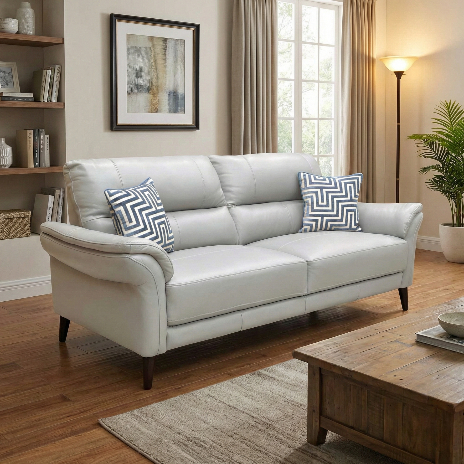 Living room of the ‘Winner’ sofa, emphasizing the premium texture of the Oslo light grey leather and the cushioned armrests.