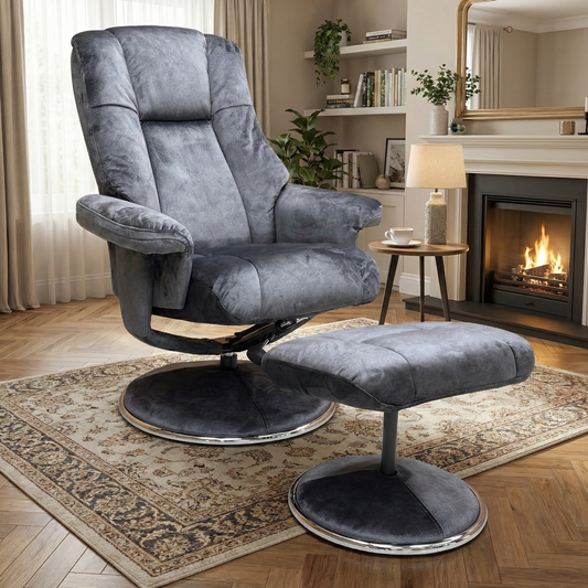Living Room for the ‘Troyes’ Swivel Chair and Footstool, highlighting its 360-degree mobility, high-back support, and velvet finish.
