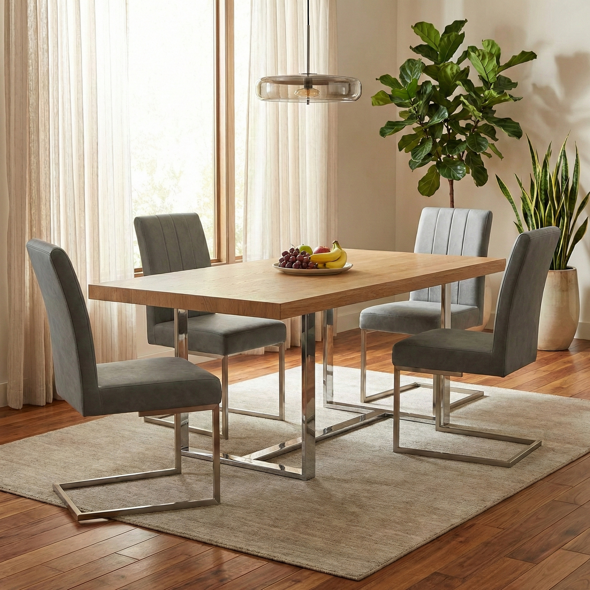 Living room of a single ‘Grigio’ chair, showcasing the understated vertical stitching and brushed stainless steel base.