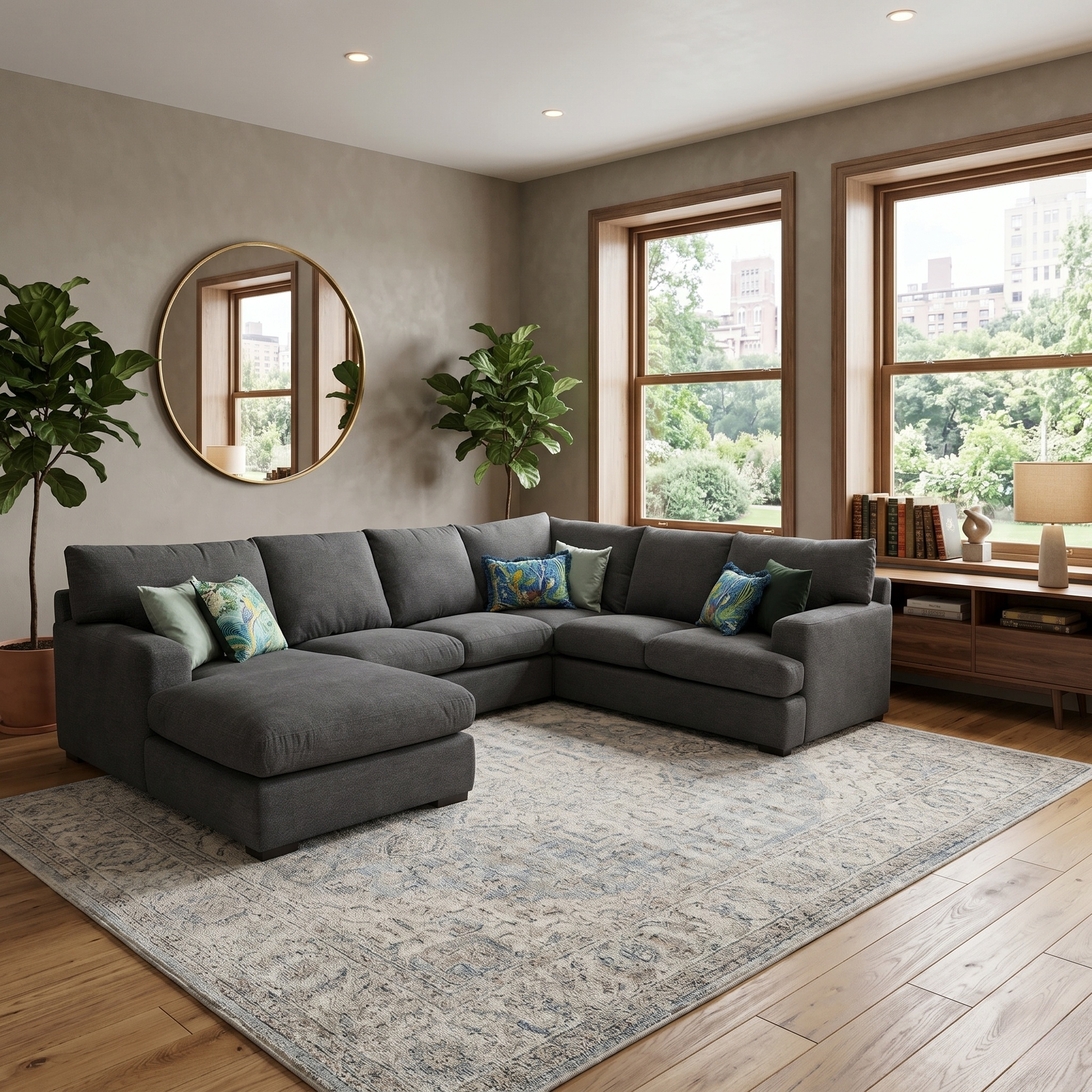 Lifestyle shot of the jumbo corner sofa in a studio setting, demonstrating its scale and potential as a living room focal point.