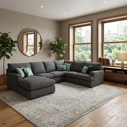 Lifestyle shot of the jumbo corner sofa in a studio setting, demonstrating its scale and potential as a living room focal point.