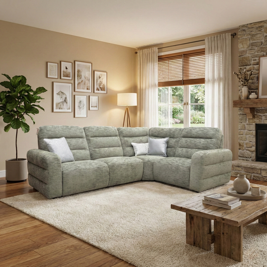 Living room of the woven fabric texture in olive green, highlighting the durable quality and elegant colour of the upholstery.