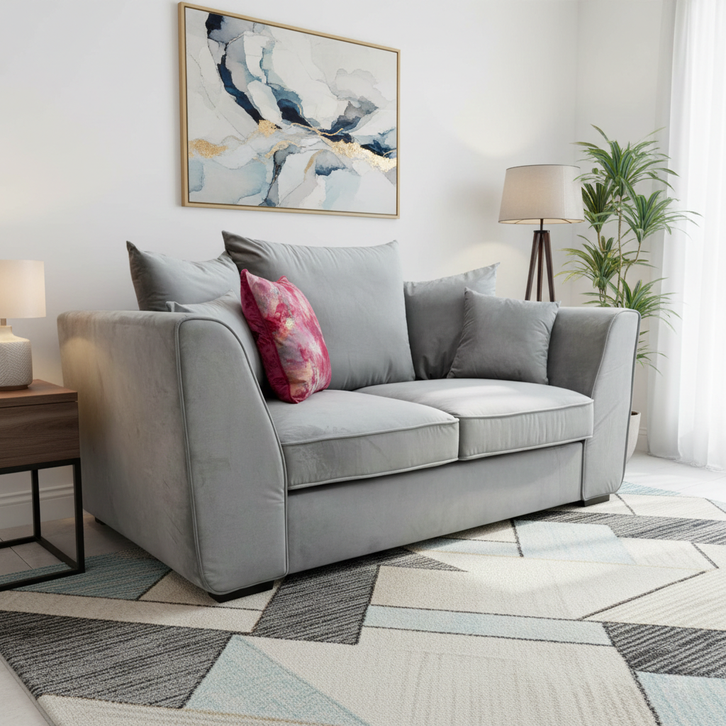 Living Room of the Cairo grey velvet sofa, showcasing its modern design and sloped armrests.