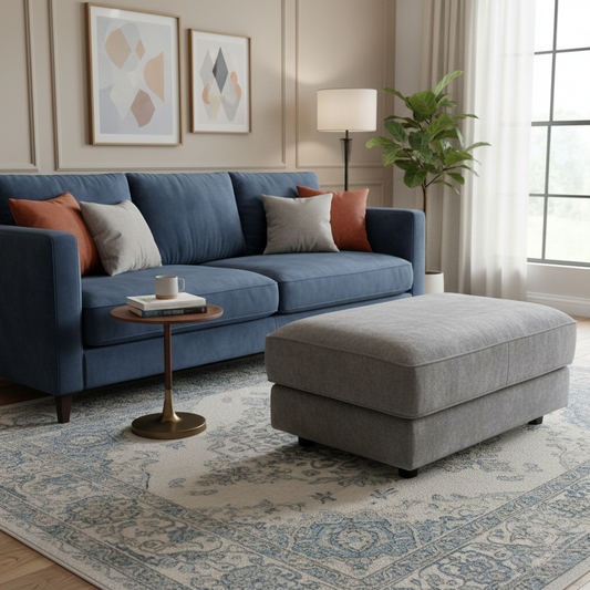 Living Room of the Kingston grey fabric footstool, showing its wide, rectangular design and sturdy construction.