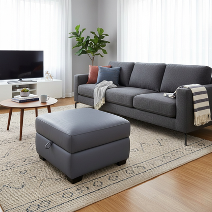 Living Room of the ocean blue leather storage footstool, showing its compact and stylish design.