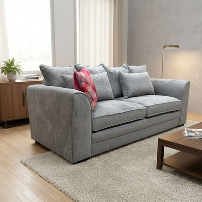 Living Room of the Soho grey fabric sofa, highlighting its contemporary silhouette and generous seating area.