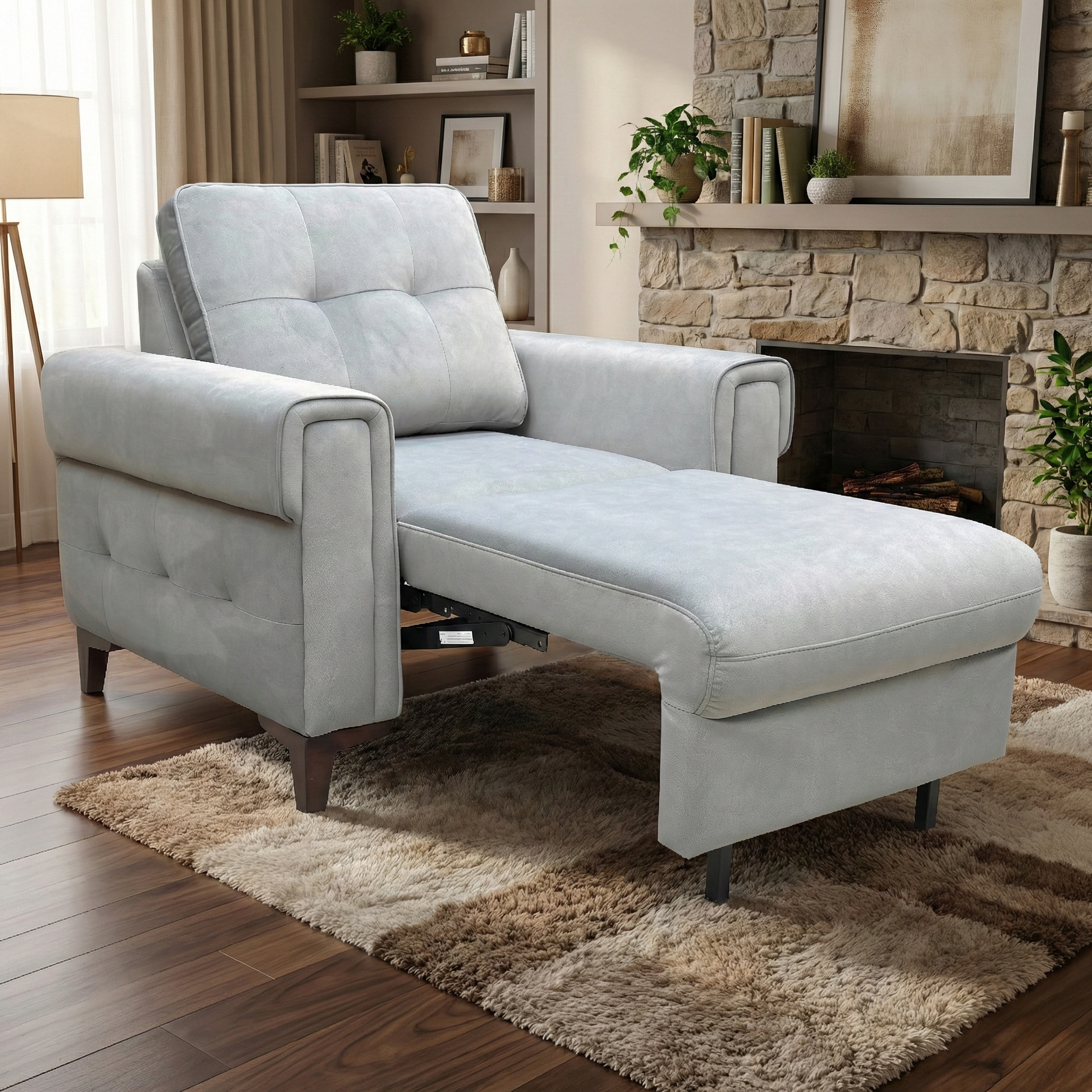Lifestyle studio shot of the grey velvet chair bed with stylish wide square arms and tapered wooden legs.