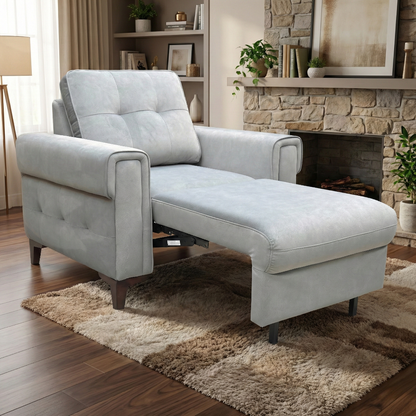 Lifestyle studio shot of the grey velvet chair bed with stylish wide square arms and tapered wooden legs.