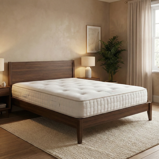 Lifestyle photo of the John Lewis Ortho Pocket mattress on a bed frame, highlighting its thick, supportive profile and extra firm tension.