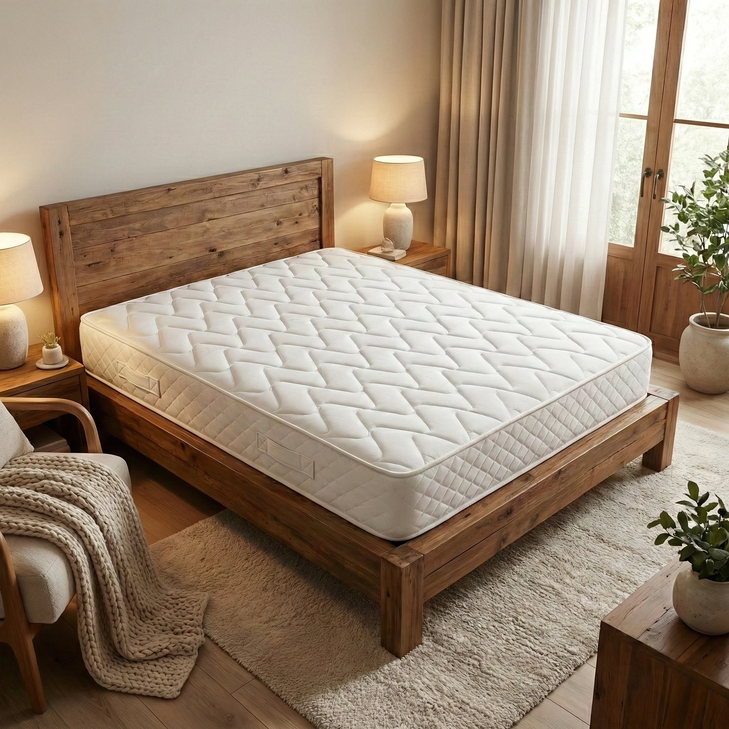Lifestyle photo of the Silentnight hospitality mattress on a double bed frame, showcasing its clean white finish and robust construction.