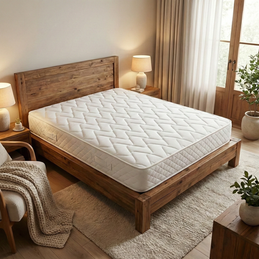 Lifestyle photo of the Silentnight hospitality mattress on a double bed frame, showcasing its clean white finish and robust construction.