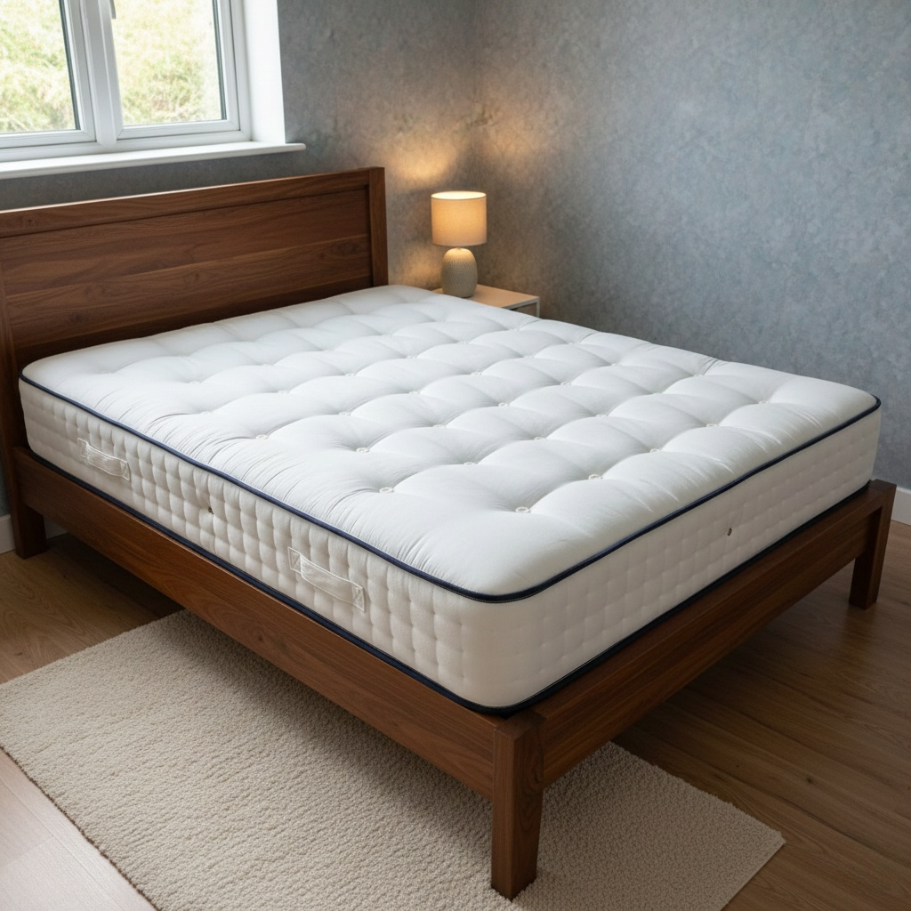 Lifestyle photo of the Super King mattress, highlighting the natural British wool layer for breathability and temperature regulation.