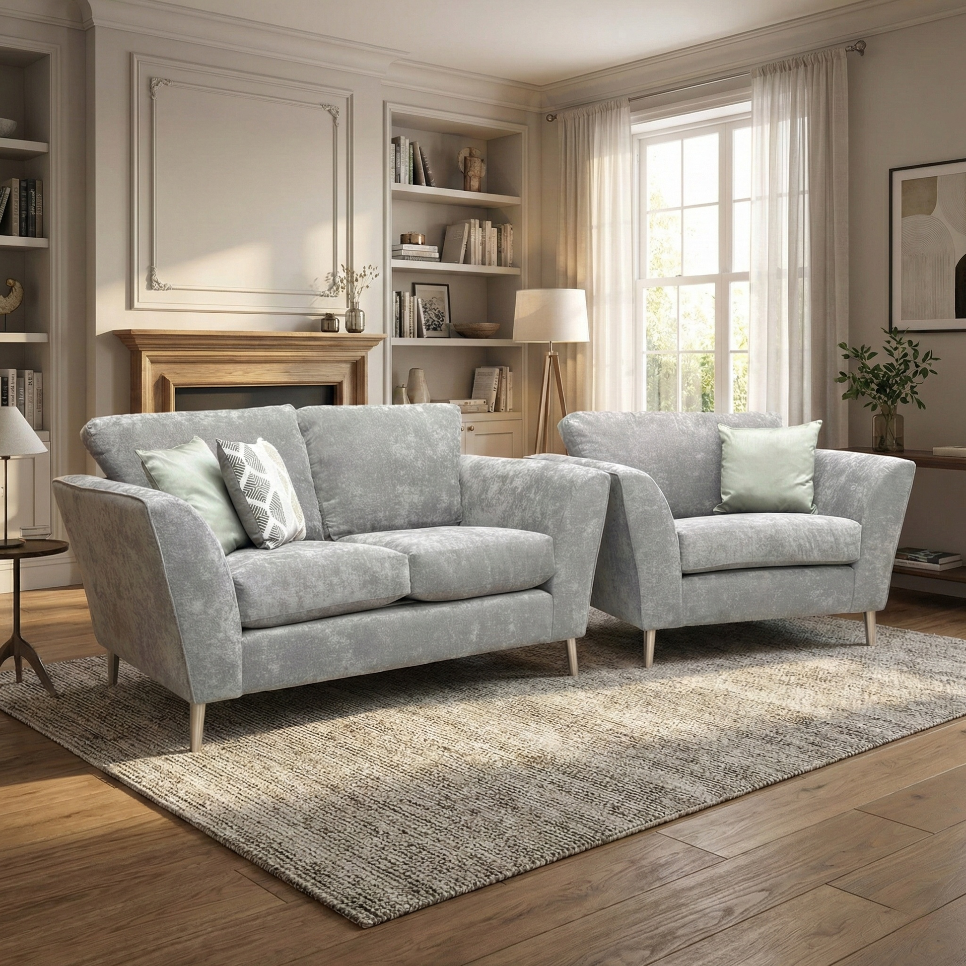 Living Room of the Lana grey fabric sofa and love chair, highlighting the versatile seating arrangement and modern silhouette.