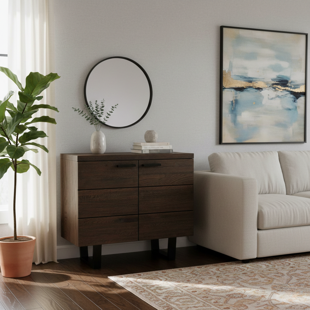 Lifestyle shot of the Mars small oak sideboard in a cozy living space, showcasing its versatility as a storage unit or hallway console.